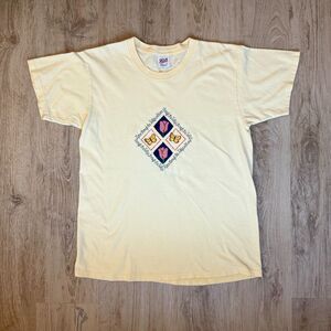 Anvil Graphic T-Shirt Butterfly Quilt Embroidery Yellow Large Vintage USA